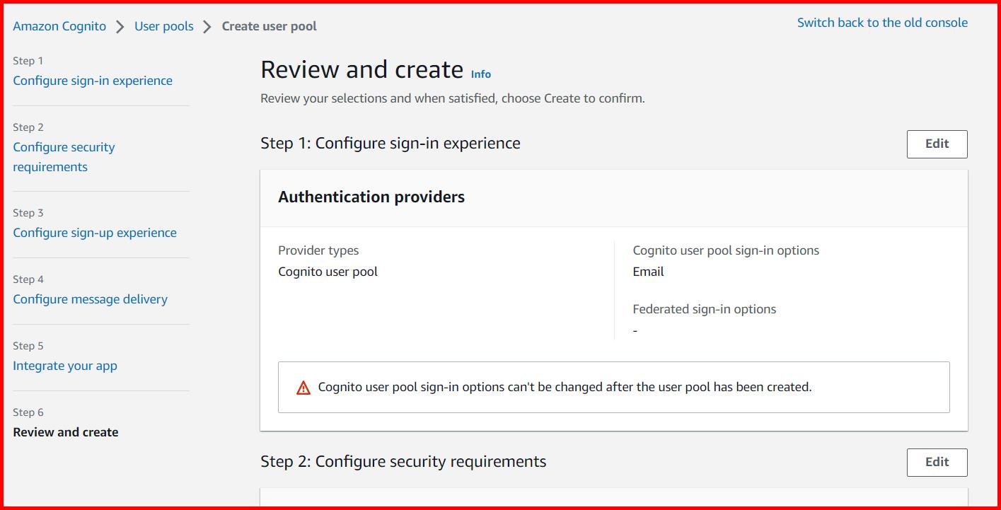 Picture showing the review screen before creating the user pool